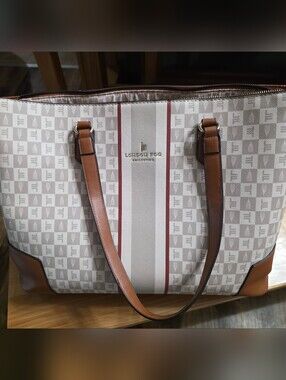 London Fog Cream, White & Brown Signature Stripe Tote